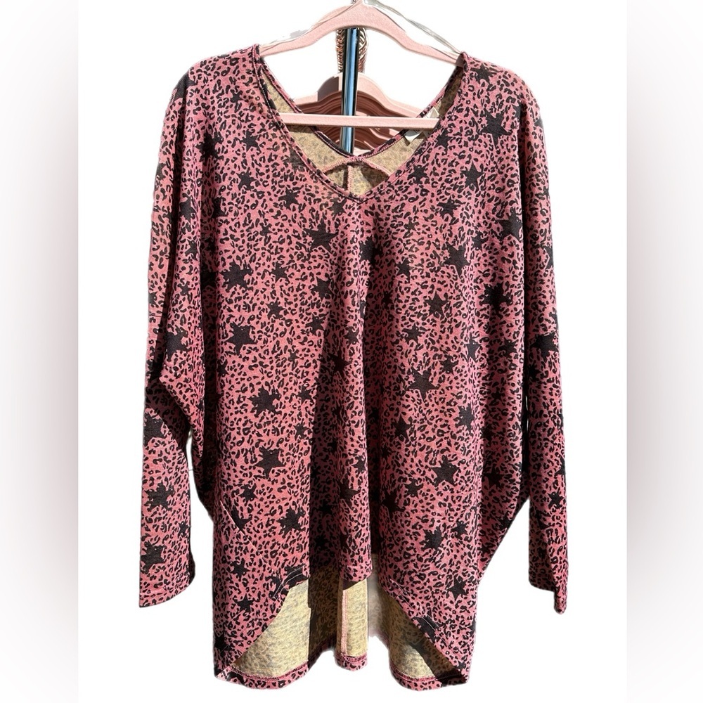 Pink Dolman Top Black Star Print Long Sleeve Tunic Cozy Casual Women's Size L - Picture 3 of 8